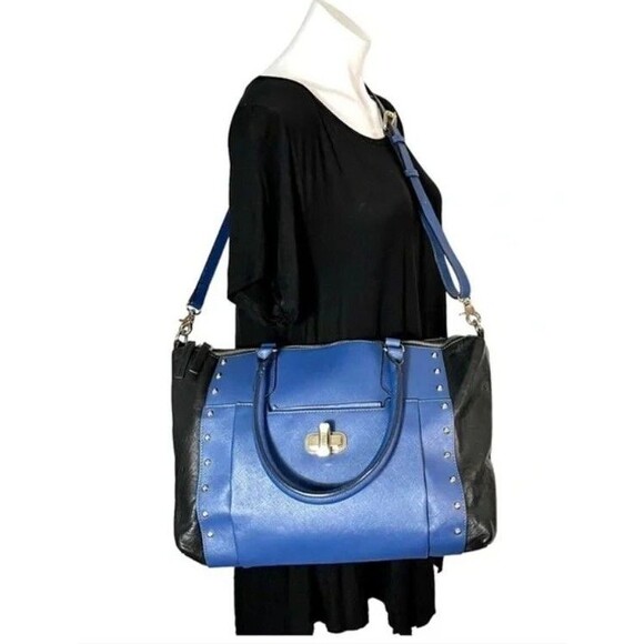 Joy Gryson Handbag Blue & Black Leather Color Block Large Purse / Tote / Satchel - Picture 1 of 12